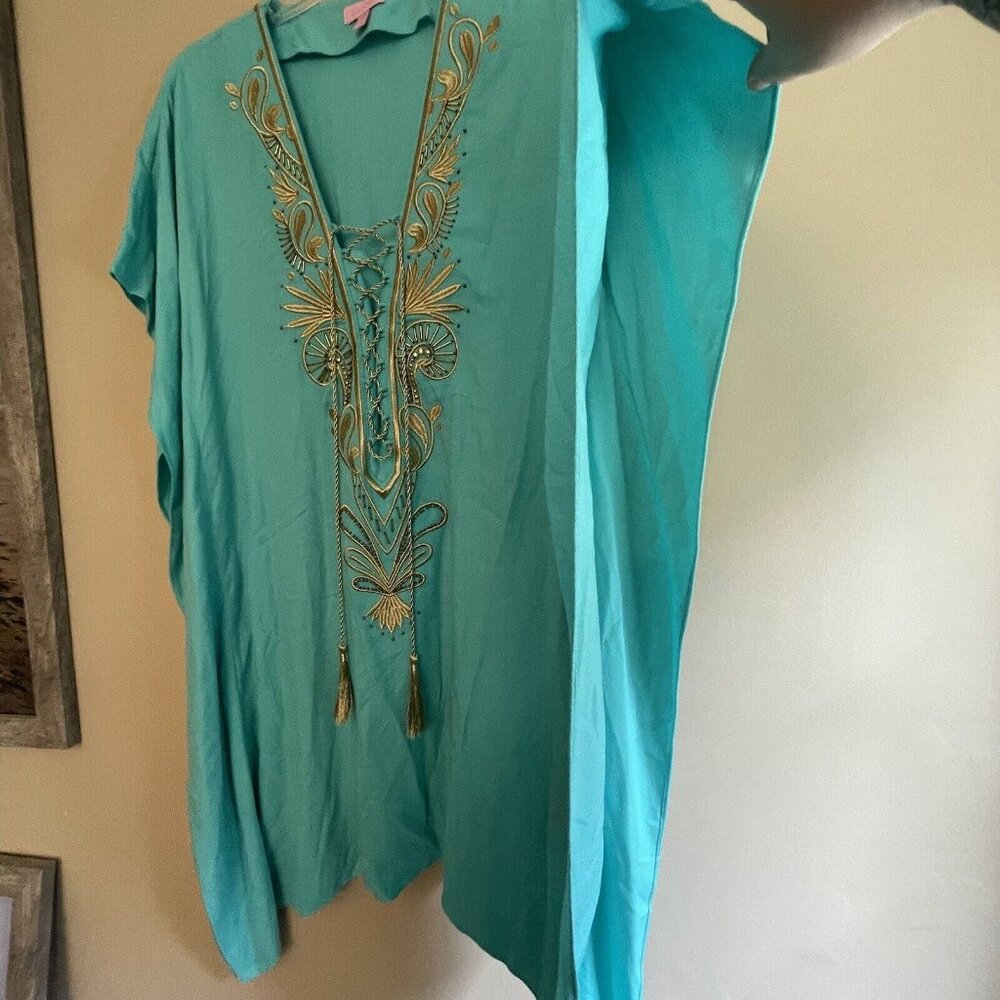 LILLY PULITZER Beaded Seaside Aqua Chai Caftan Swimsuit Coverup S/M - Picture 6 of 12